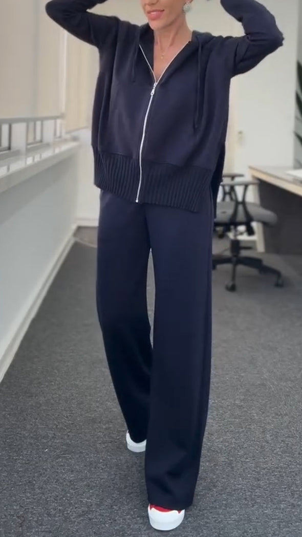 Women Round Neck Hooded Zipper Jacket + Pants Casual Suit