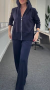 Women Round Neck Hooded Zipper Jacket + Pants Casual Suit