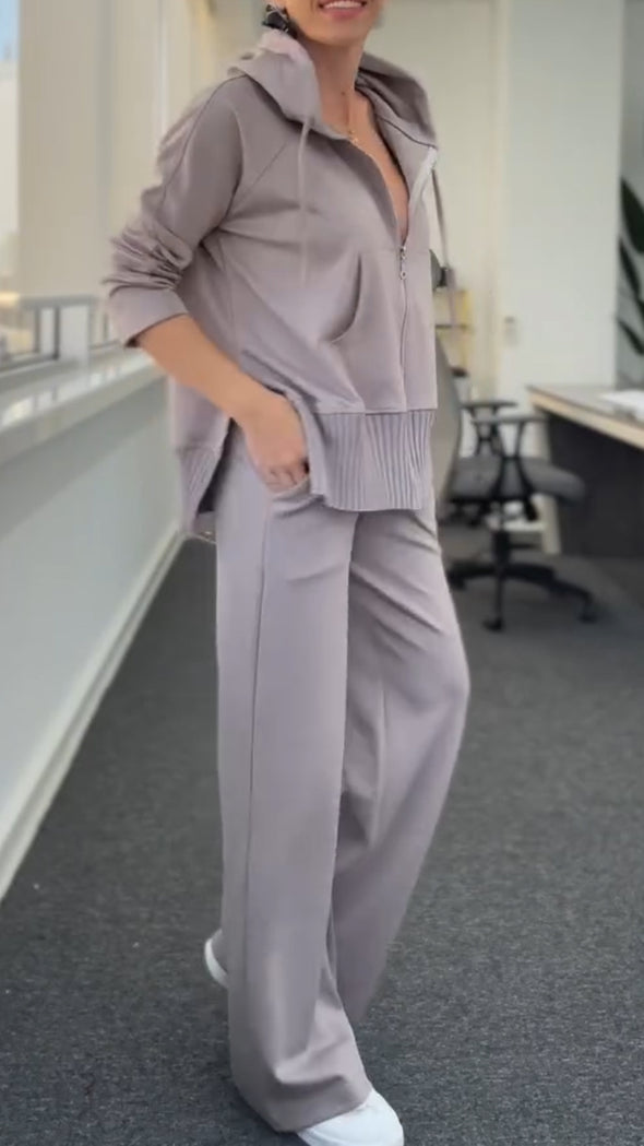 Women Round Neck Hooded Zipper Jacket + Pants Casual Suit