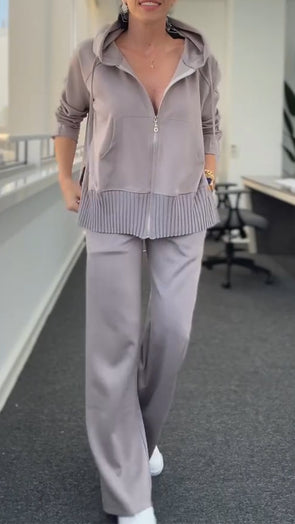 Women Round Neck Hooded Zipper Jacket + Pants Casual Suit