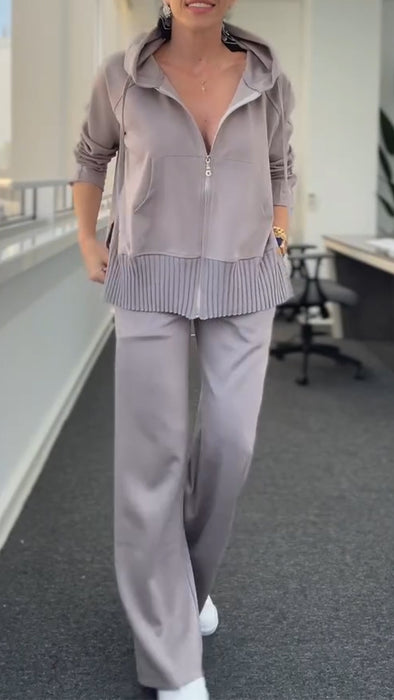 Women Round Neck Hooded Zipper Jacket + Pants Casual Suit