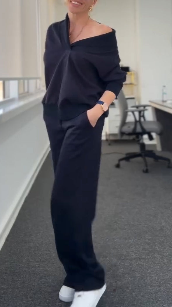 Women V-neck Top + Pants Solid Color Casual Suit