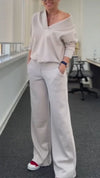 Women V-neck Top + Pants Solid Color Casual Suit
