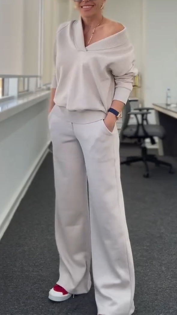 Women V-neck Top + Pants Solid Color Casual Suit