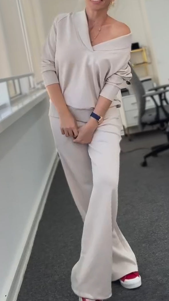 Women V-neck Top + Pants Solid Color Casual Suit