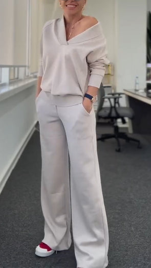Women V-neck Top + Pants Solid Color Casual Suit
