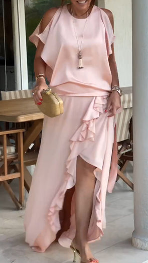 Women Round Neck Hollow Splicing Irregular Elegant Temperament Dress