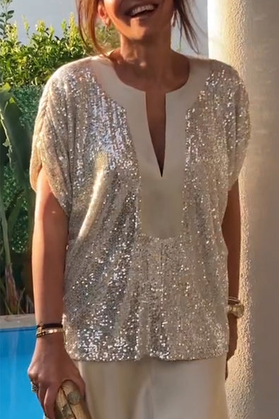 Women Round Neck Sequined Casual Top