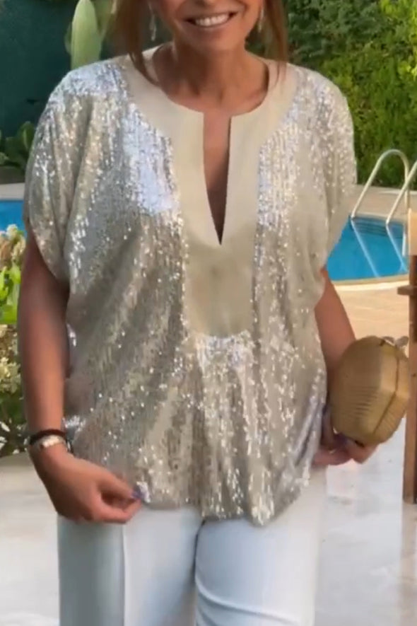 Women Round Neck Sequined Casual Top