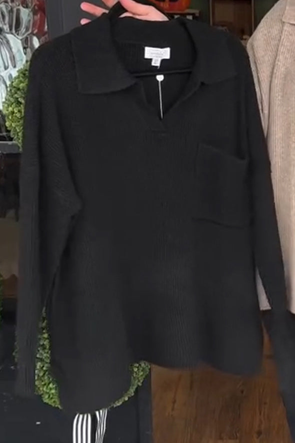Women Lapel Knitted Solid Color Casual Top