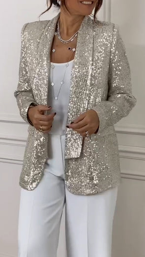 Women Lapel Sequined Casual Jacket