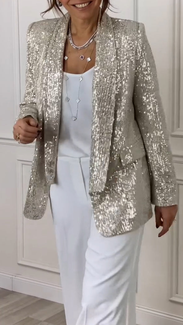 Women Lapel Sequined Casual Jacket