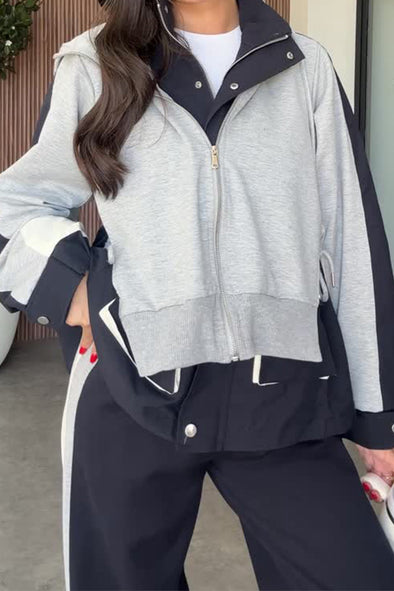 Women Casual Sweatshirt Panel Zipper Jacket+Pants Suit