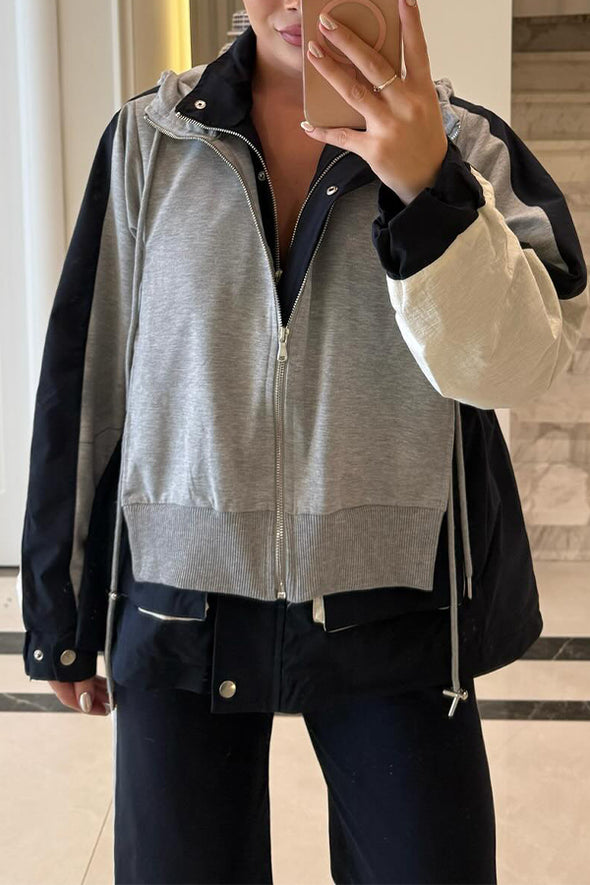 Women Casual Sweatshirt Panel Zipper Jacket+Pants Suit