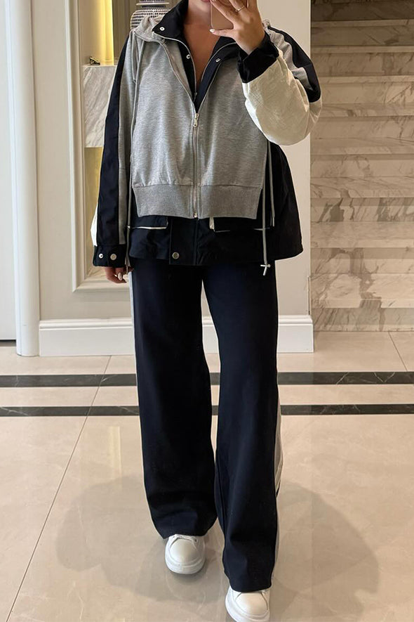 Women Casual Sweatshirt Panel Zipper Jacket+Pants Suit
