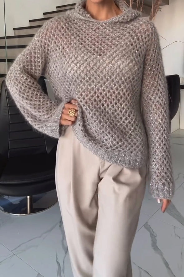 Women Casual Shiny Hollow Hooded Sweater