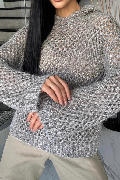 Women Casual Shiny Hollow Hooded Sweater