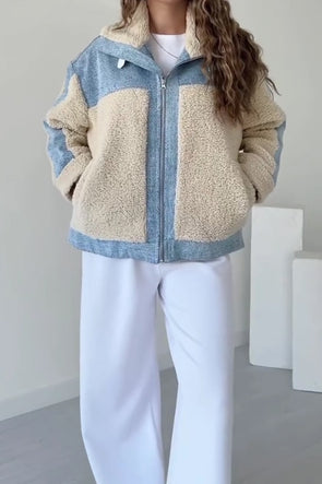 Women Casual Contrast Plush Panelled Jacket