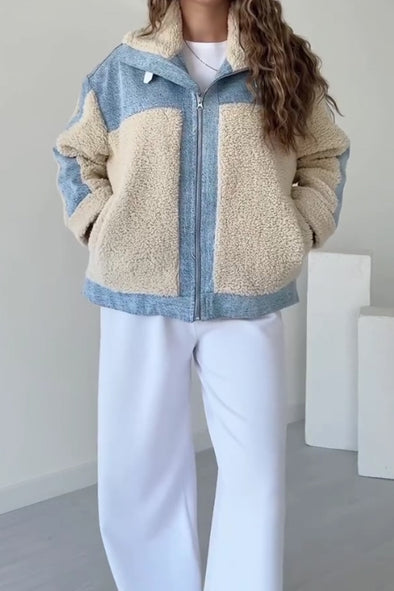 Women Casual Contrast Plush Panelled Jacket