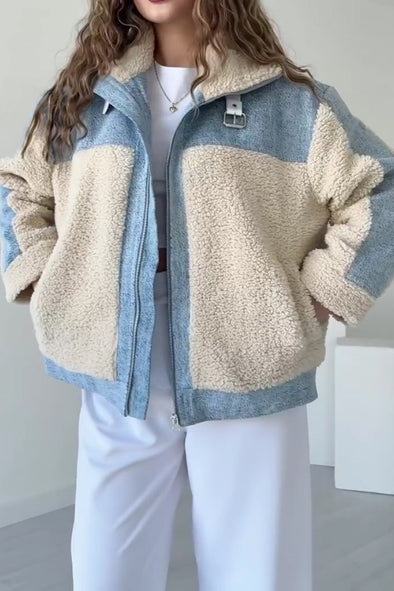 Women Casual Contrast Plush Panelled Jacket
