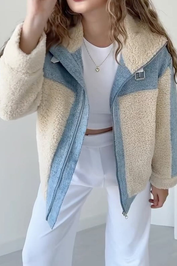 Women Casual Contrast Plush Panelled Jacket