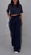 Women Round Neck Rhinestone Casual Suit