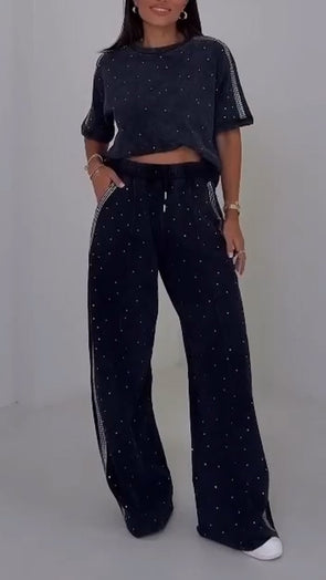 Women Round Neck Rhinestone Casual Suit