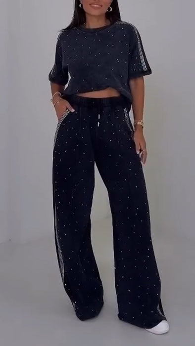 Women Round Neck Rhinestone Casual Suit