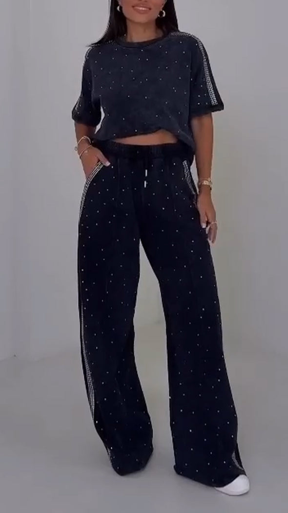 Women Round Neck Rhinestone Casual Suit