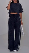 Women Round Neck Rhinestone Casual Suit