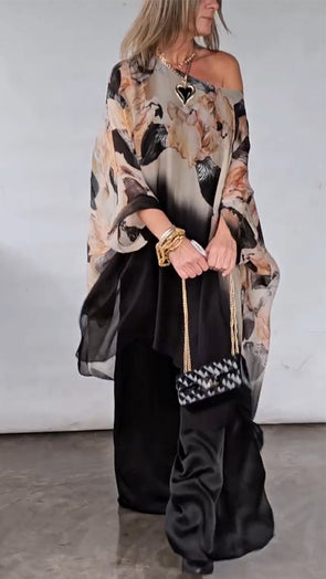 Women Round Neck Printed Irregular Top + Pants Casual Suit