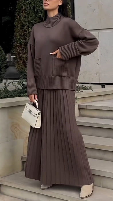 Women Turtleneck Knitted Top + Pleated Pants Casual Set