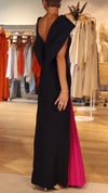 Women Round Neck Stitching Contrast Color Temperament Elegant Dress