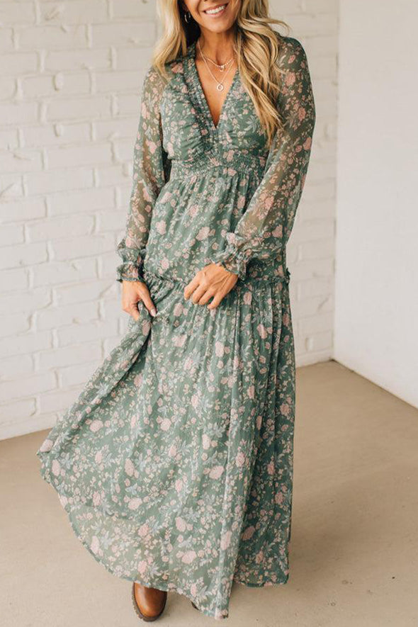 Women V-neck Printed Patchwork Casual Dress