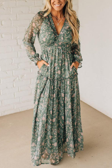 Women V-neck Printed Patchwork Casual Dress