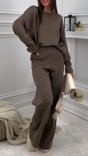 Women Round Neck Solid Color Casual Suit