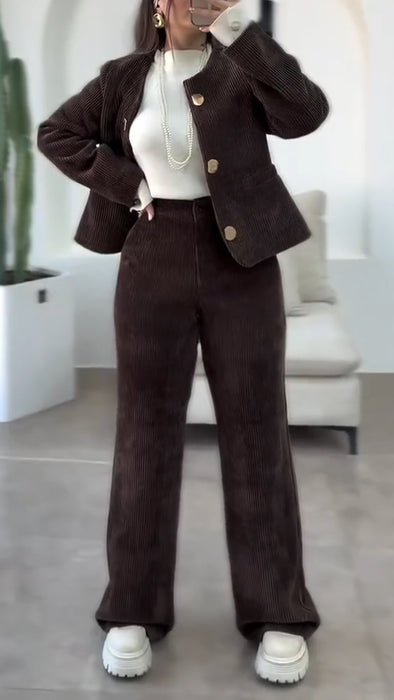 Women Round-neck Button-down Jacket + Pants Casual Suit