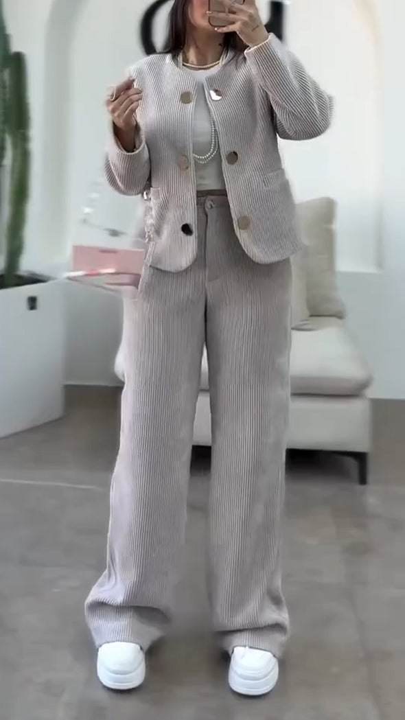 Women Round-neck Button-down Jacket + Pants Casual Suit