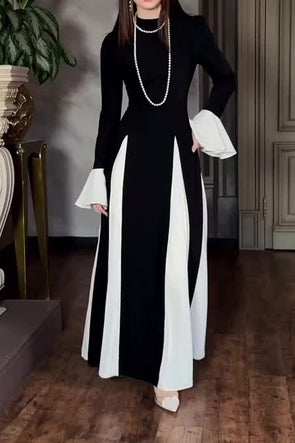Women Elegant Ruffled Trim Bell Sleeve Slim Maxi Dress