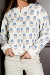 Women Casual Floral Crew Neck Long Sleeve Cardigan Sweater