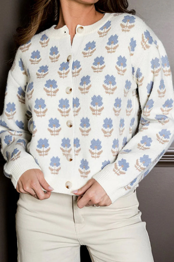Women Casual Floral Crew Neck Long Sleeve Cardigan Sweater
