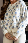 Women Casual Floral Crew Neck Long Sleeve Cardigan Sweater