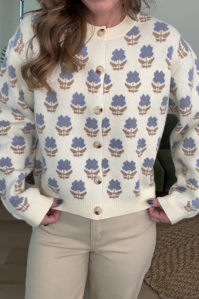 Women Casual Floral Crew Neck Long Sleeve Cardigan Sweater
