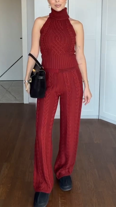 Women High Collar Solid Color Knitted Casual Suit