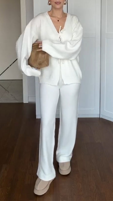 Women V-neck Drawstring Cardigan + Pants Casual Suit