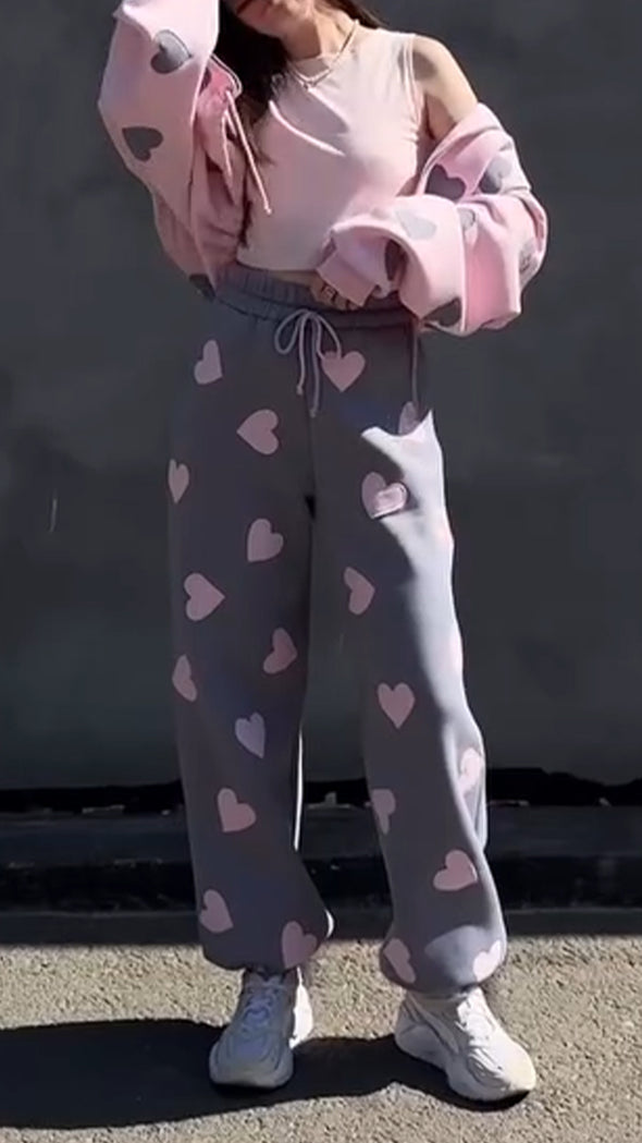 Women Heart Print Jacket + Pants Casual Set