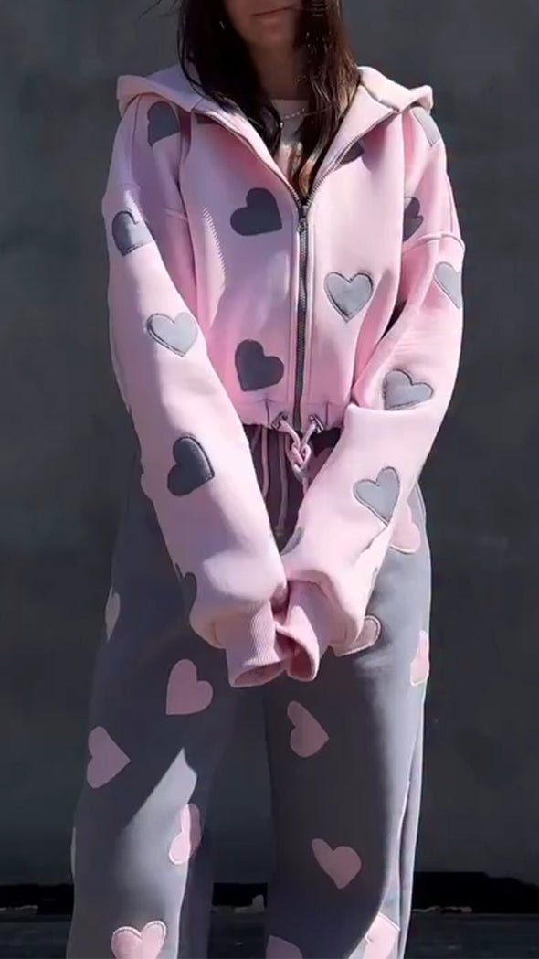 Women Heart Print Jacket + Pants Casual Set