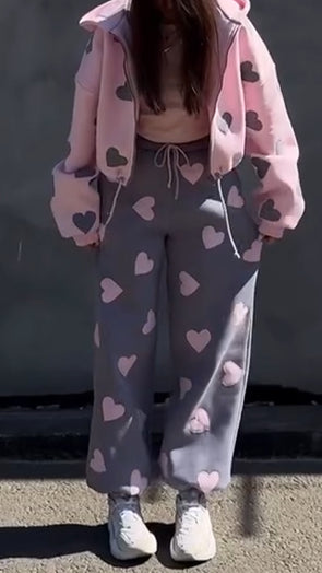 Women Heart Print Jacket + Pants Casual Set