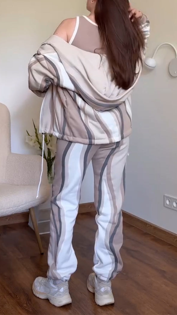 Women Wavy Patterned Jacket + Pants Casual Suit