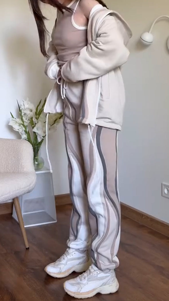 Women Wavy Patterned Jacket + Pants Casual Suit